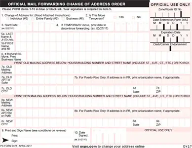 Front side of form 3575 for Change of Address